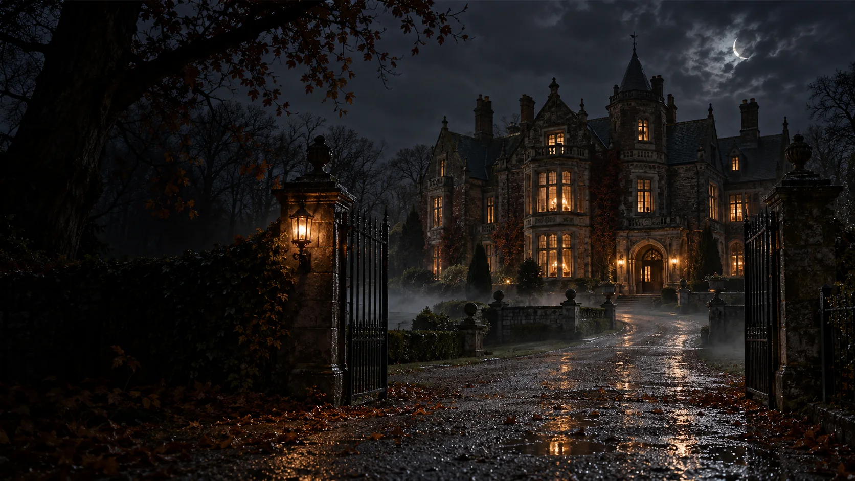 La entrada de Blackthorn Manor, una mansión gótica iluminada en una noche de Halloween.